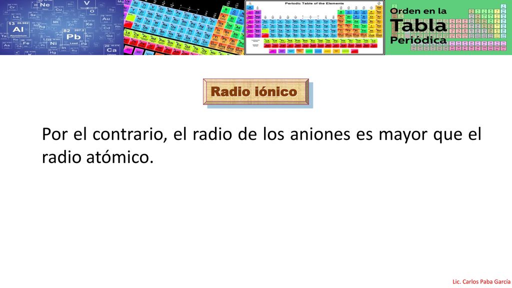 Radio iónico Por el contrario, el radio de los aniones es mayor que el radio atómico.