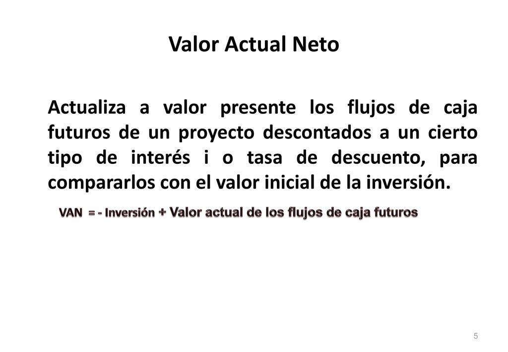VAN = - Inversión + Valor actual de los flujos de caja futuros
