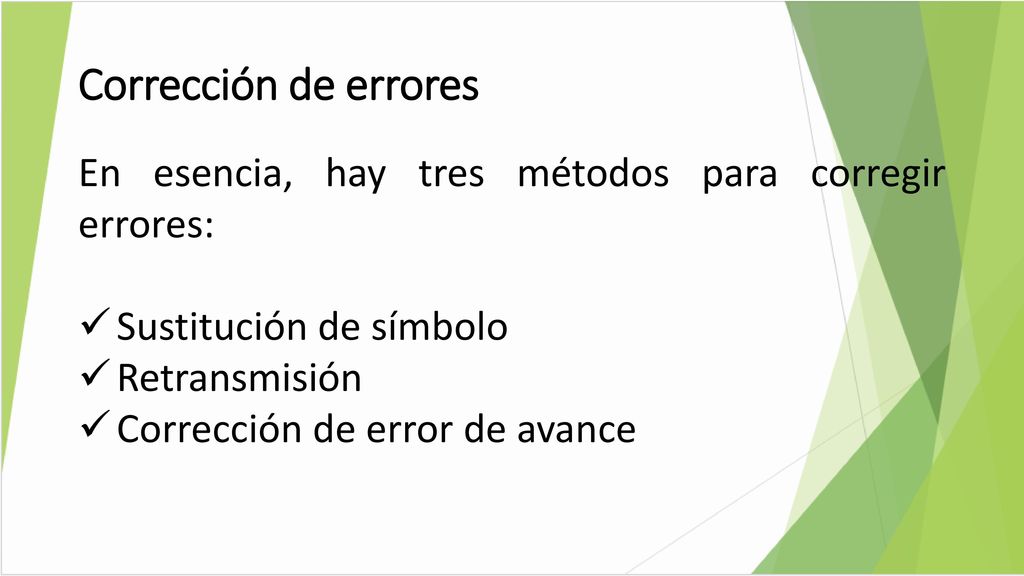 Corrección de errores En esencia, hay tres métodos para corregir errores: Sustitución de símbolo. Retransmisión.
