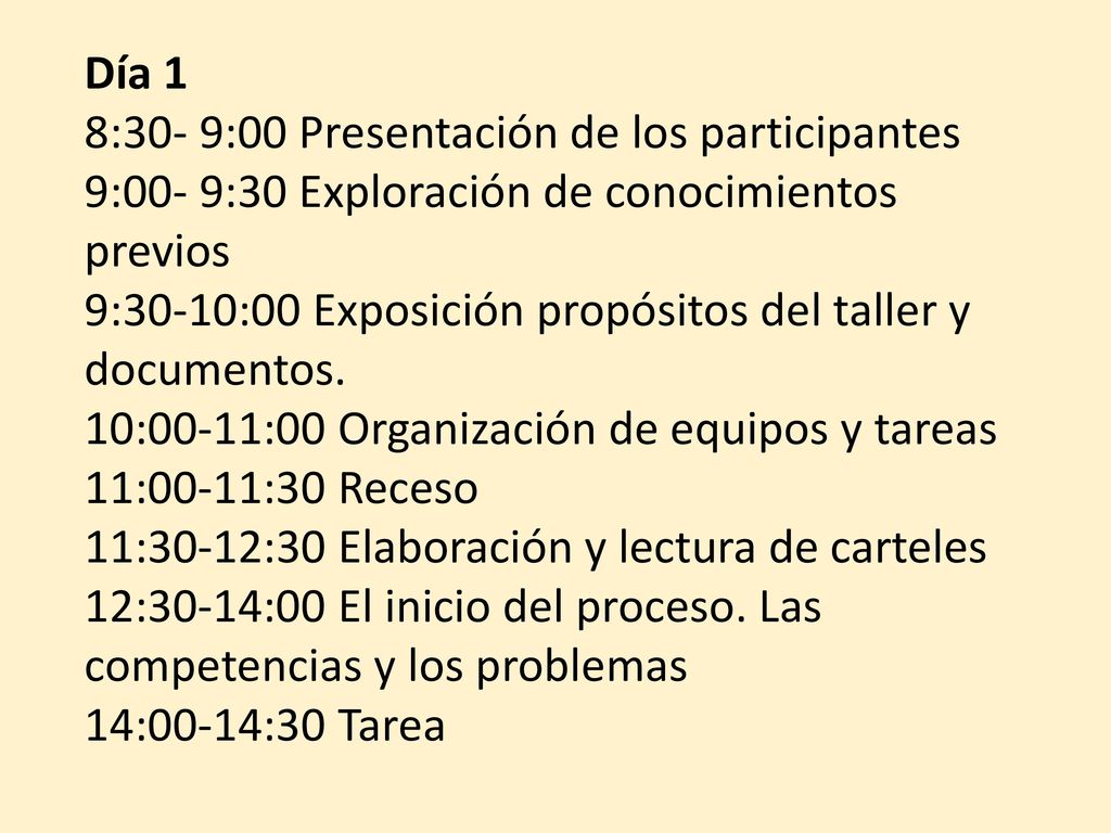 Día 1 8:30- 9:00 Presentación de los participantes. 9:00- 9:30 Exploración de conocimientos previos.