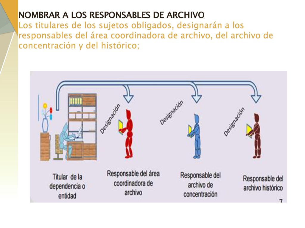 NOMBRAR A LOS RESPONSABLES DE ARCHIVO Los titulares de los sujetos obligados, designarán a los responsables del área coordinadora de archivo, del archivo de concentración y del histórico;