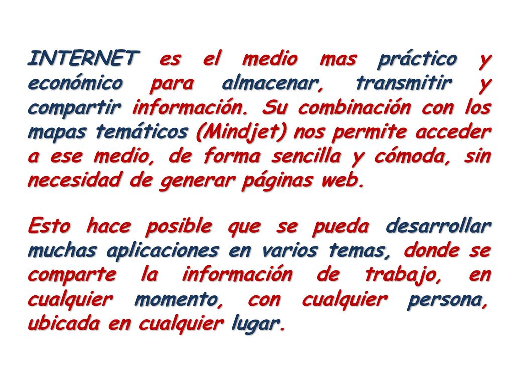INTERNET es el medio mas práctico y económico para almacenar, transmitir y compartir información. Su combinación con los mapas temáticos (Mindjet) nos permite acceder a ese medio, de forma sencilla y cómoda, sin necesidad de generar páginas web.