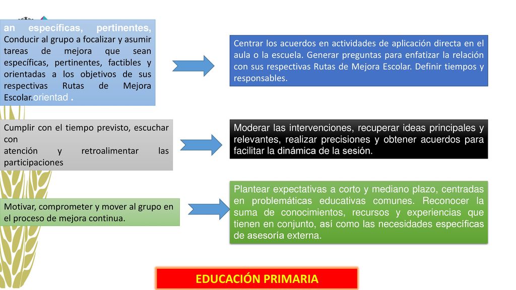 an específicas, pertinentes, Conducir al grupo a focalizar y asumir tareas de mejora que sean específicas, pertinentes, factibles y orientadas a los objetivos de sus respectivas Rutas de Mejora Escolar.orientad .