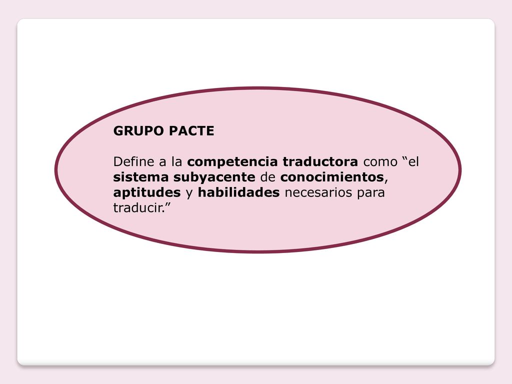 GRUPO PACTE Define a la competencia traductora como el sistema subyacente de conocimientos, aptitudes y habilidades necesarios para traducir.