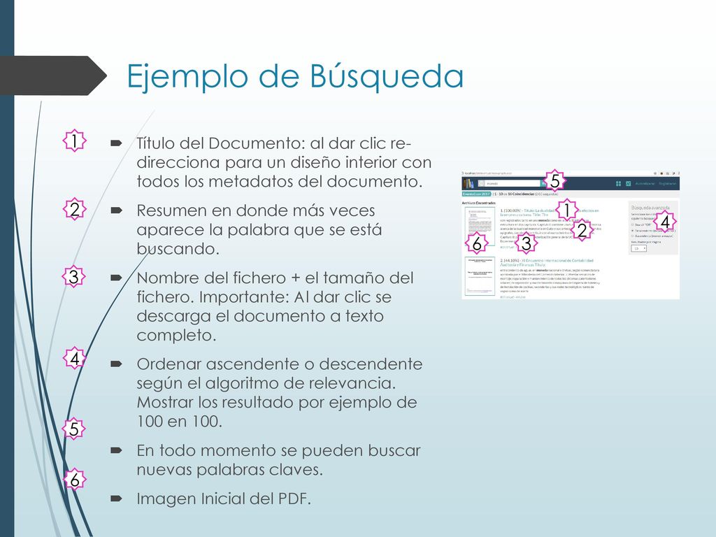 Ejemplo de Búsqueda 1. Título del Documento: al dar clic re- direcciona para un diseño interior con todos los metadatos del documento.