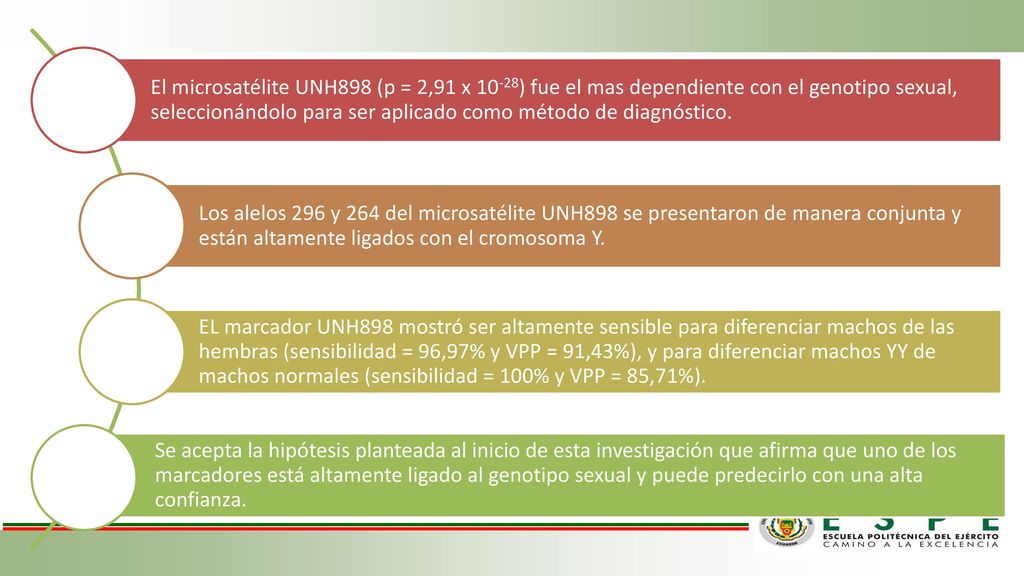 El microsatélite UNH898 (p = 2,91 x 10-28) fue el mas dependiente con el genotipo sexual, seleccionándolo para ser aplicado como método de diagnóstico.