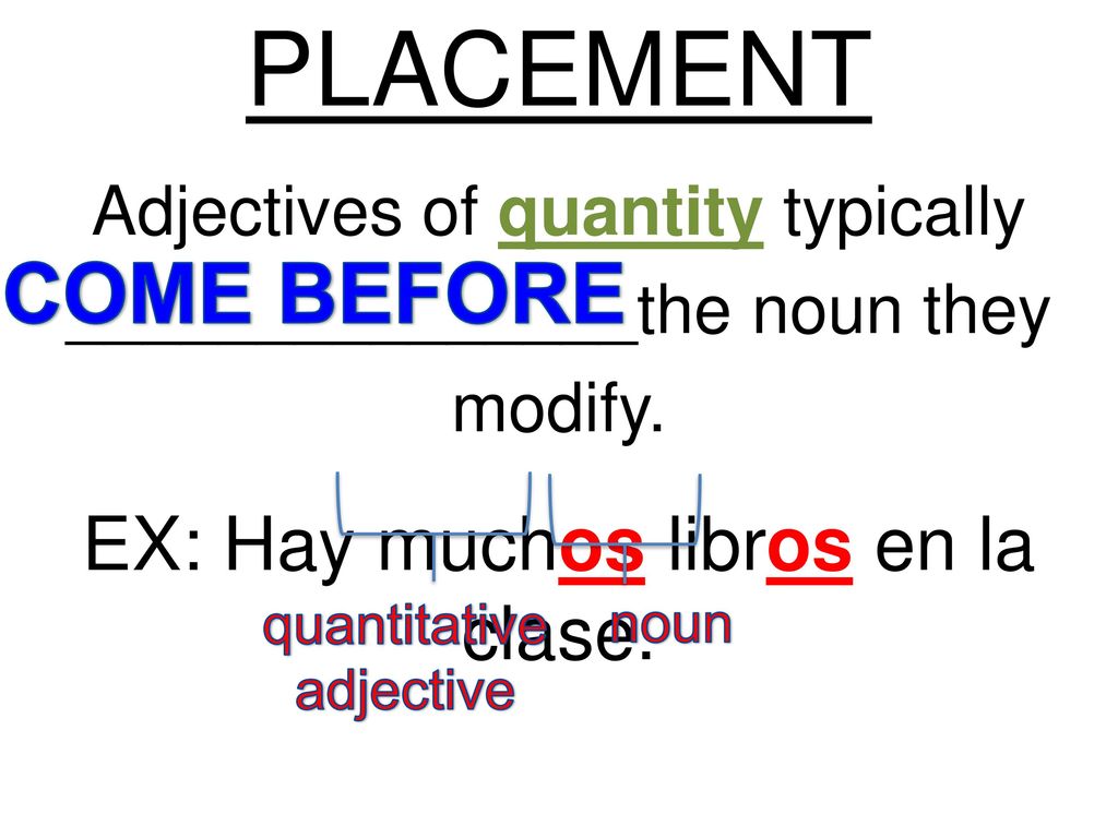 PLACEMENT COME BEFORE EX: Hay muchos libros en la clase.