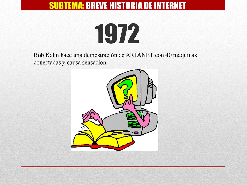 1972 Bob Kahn hace una demostración de ARPANET con 40 máquinas conectadas y causa sensación