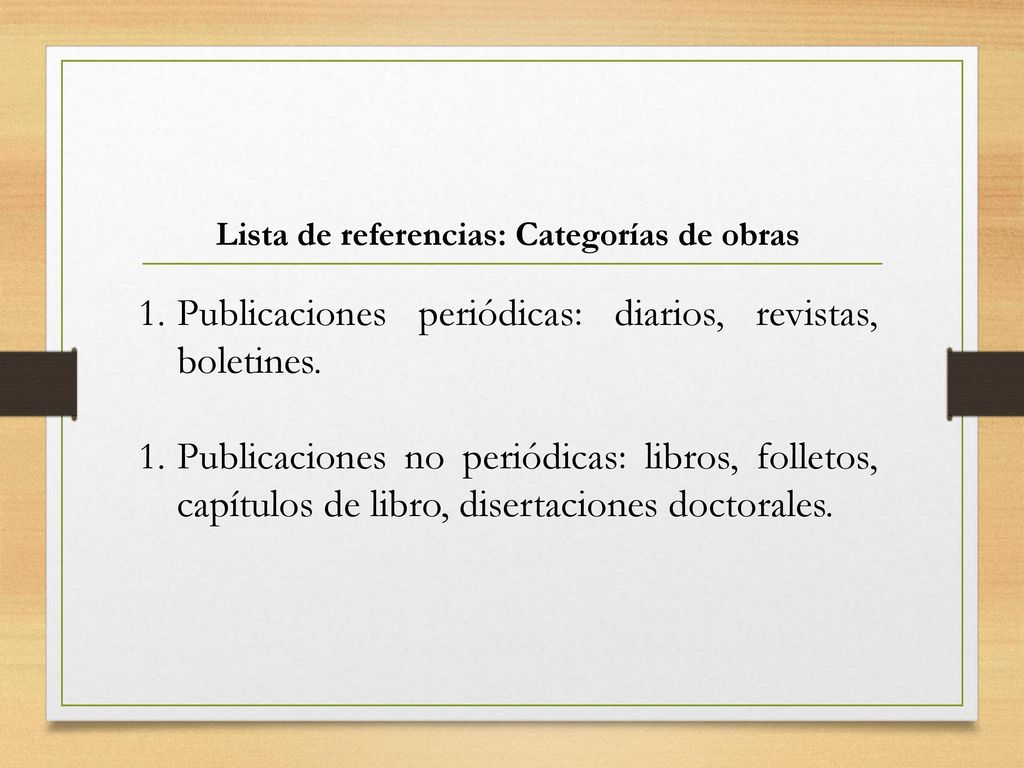 Lista de referencias: Categorías de obras