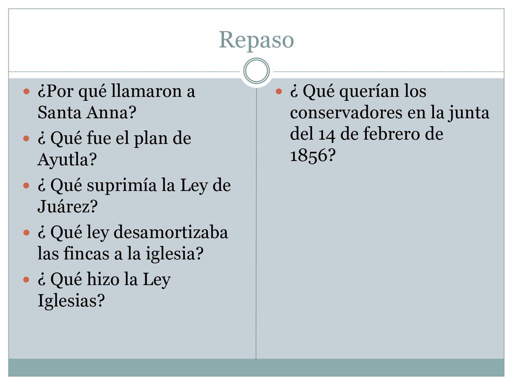 Repaso ¿Por qué llamaron a Santa Anna ¿ Qué fue el plan de Ayutla