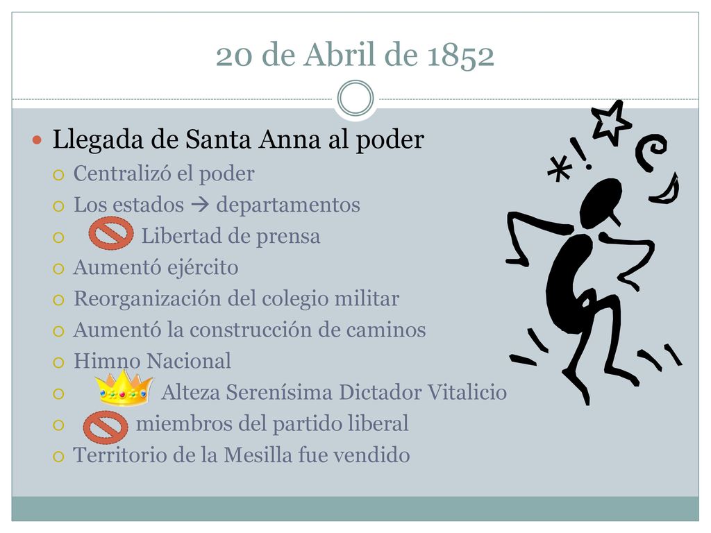 20 de Abril de 1852 Llegada de Santa Anna al poder Centralizó el poder