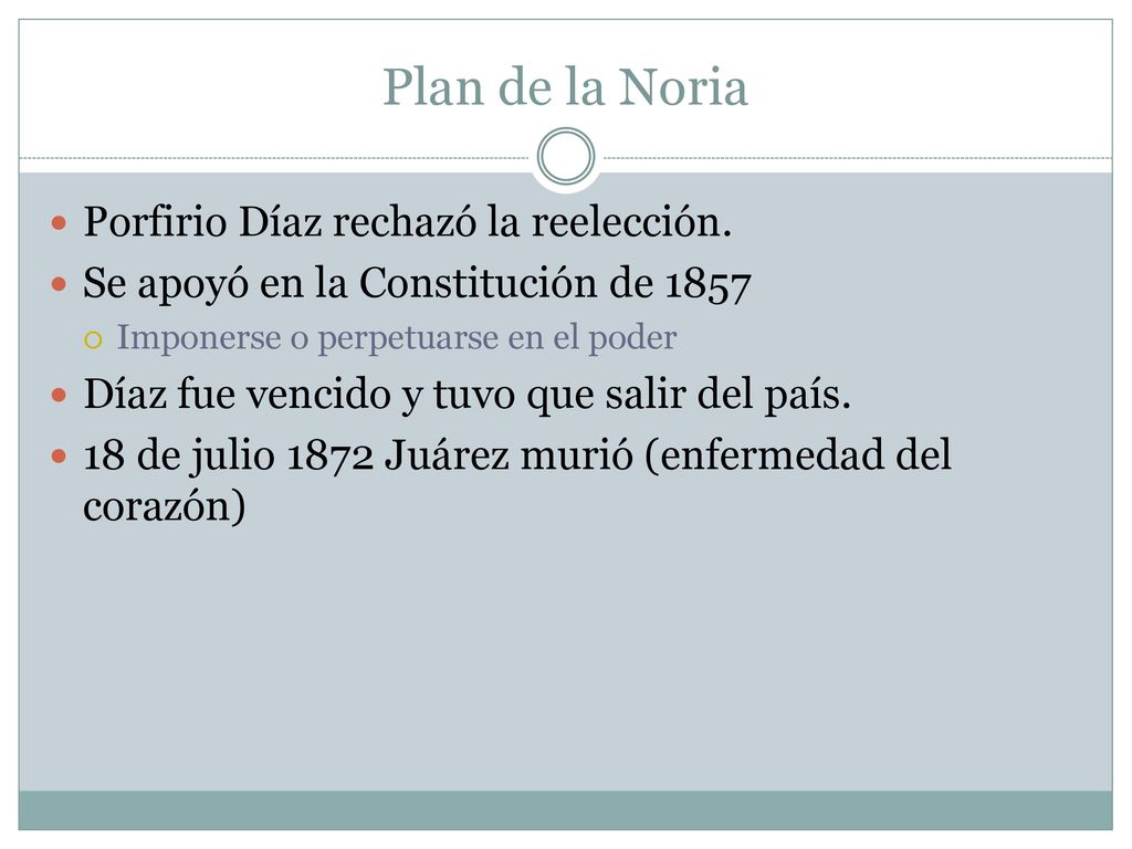 Plan de la Noria Porfirio Díaz rechazó la reelección.