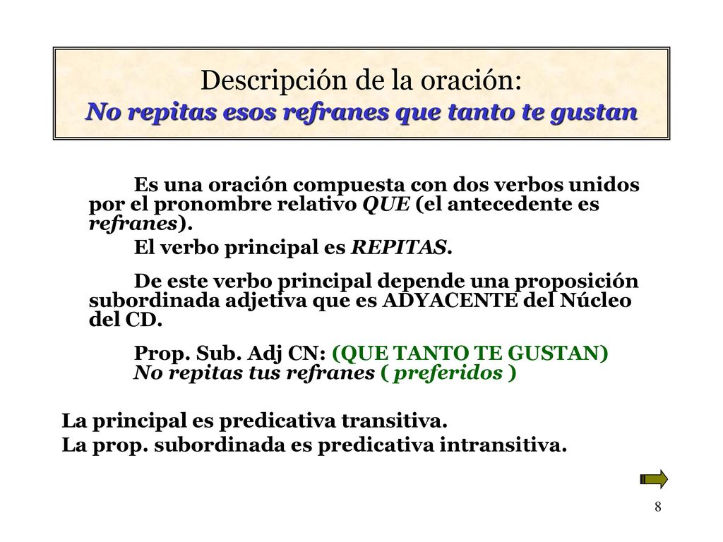 Descripción de la oración: No repitas esos refranes que tanto te gustan