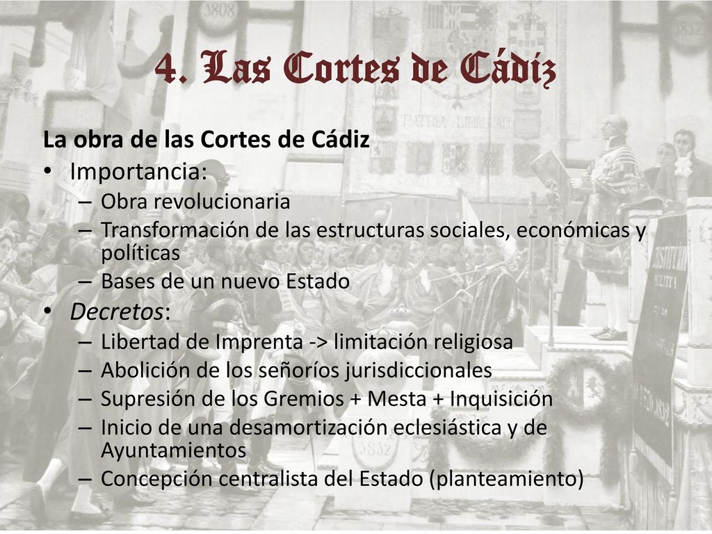 4. Las Cortes de Cádiz La obra de las Cortes de Cádiz Importancia: