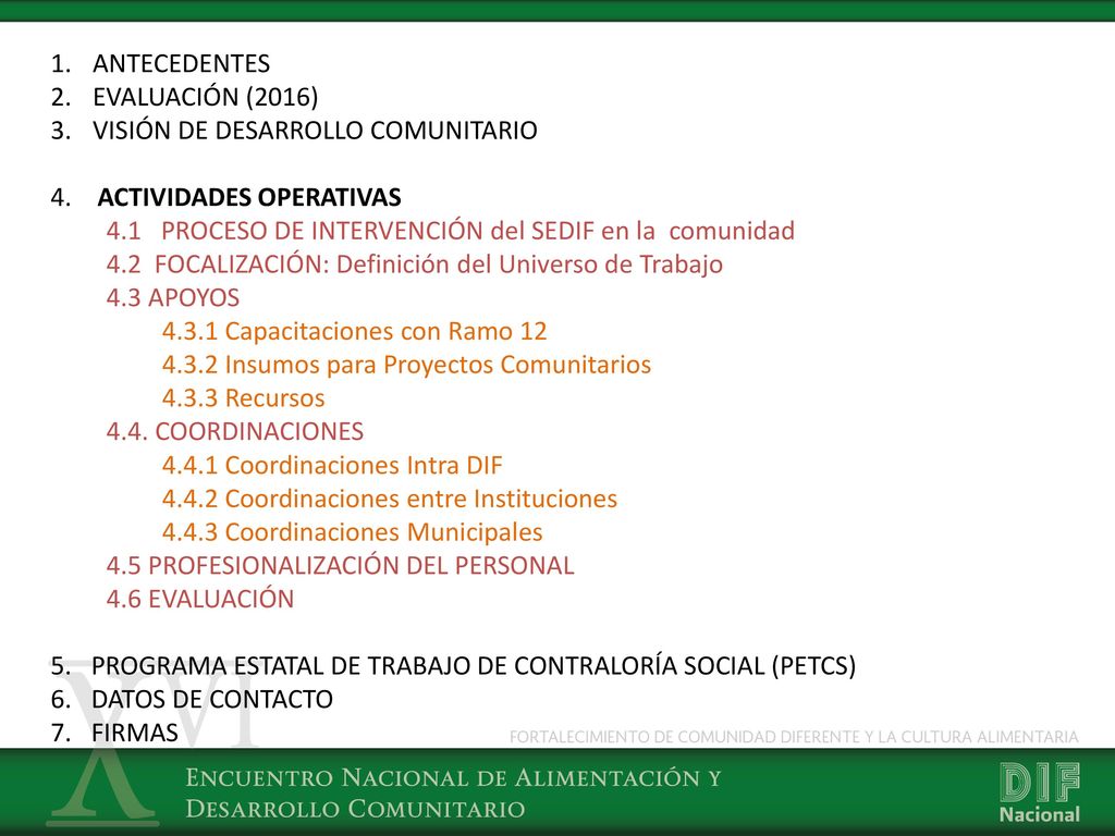 ANTECEDENTES EVALUACIÓN (2016) VISIÓN DE DESARROLLO COMUNITARIO. 4. ACTIVIDADES OPERATIVAS.