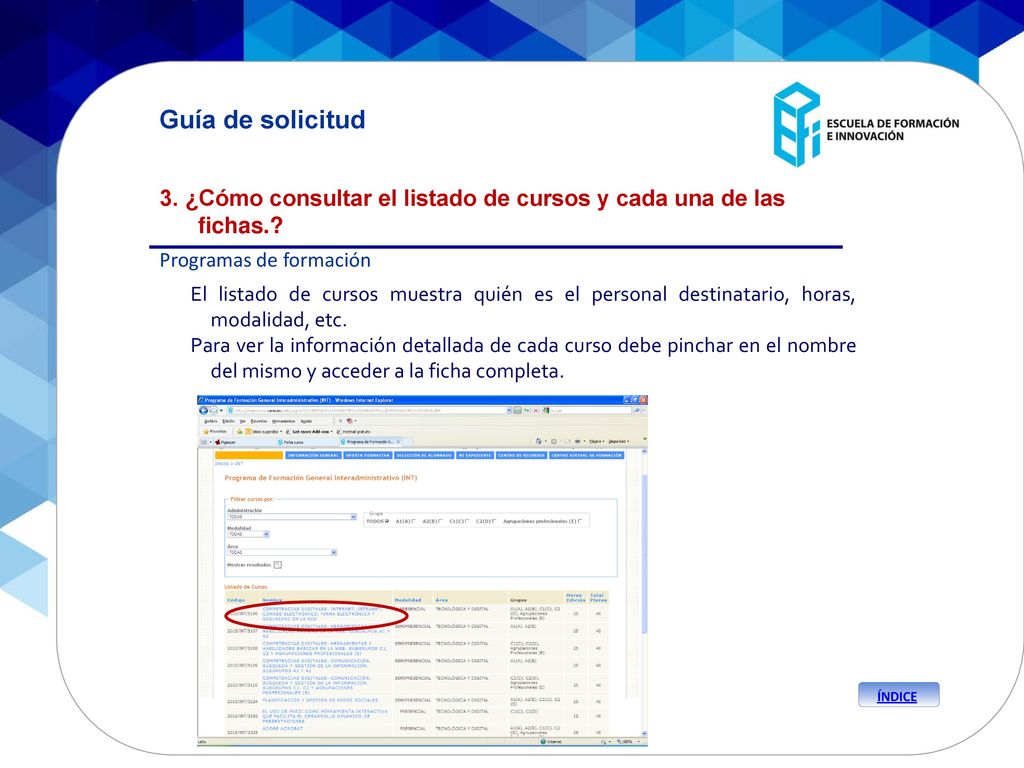 Guía de solicitud 3. ¿Cómo consultar el listado de cursos y cada una de las fichas. Programas de formación.