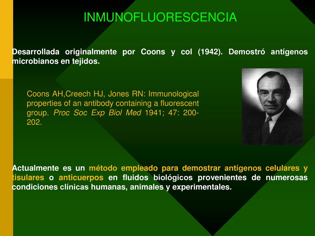 INMUNOFLUORESCENCIA Desarrollada originalmente por Coons y col (1942). Demostró antígenos microbianos en tejidos.
