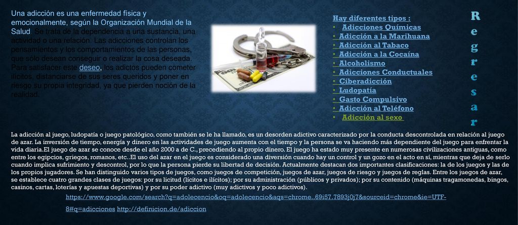 • Adicción a la Marihuana • Adicción al Tabaco • Adicción a la Cocaína