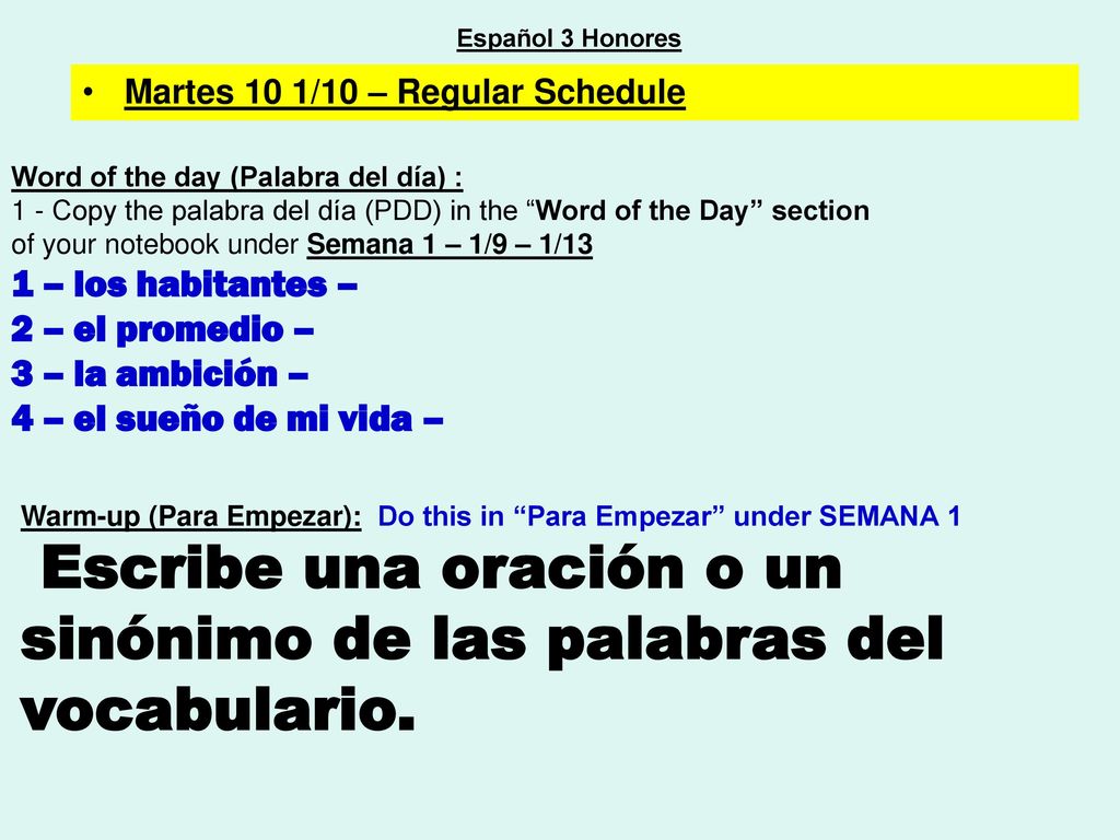 Escribe una oración o un sinónimo de las palabras del vocabulario.