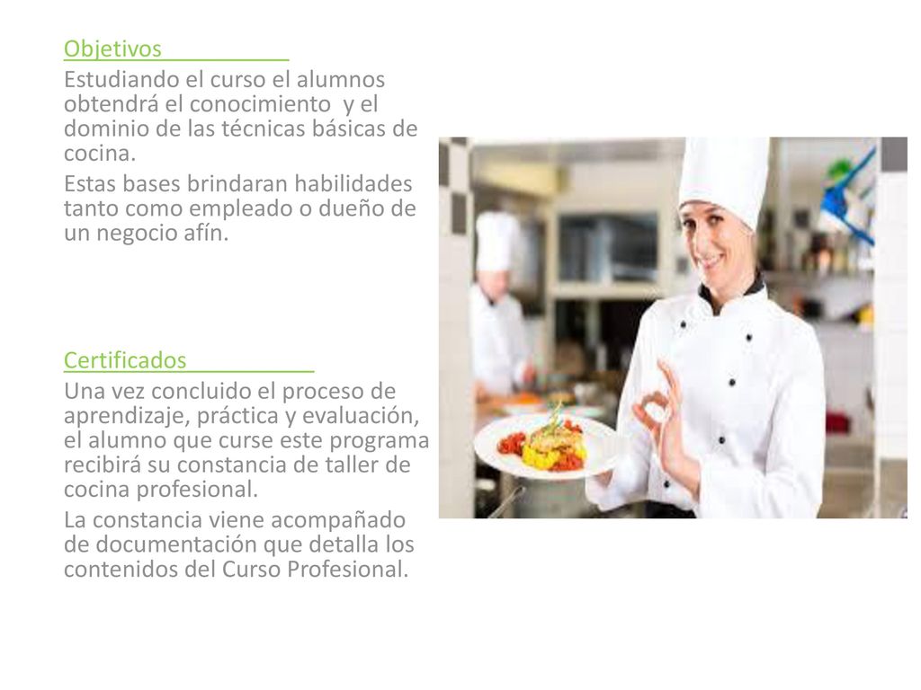Objetivos__________ Estudiando el curso el alumnos obtendrá el conocimiento y el dominio de las técnicas básicas de cocina. Estas bases brindaran habilidades tanto como empleado o dueño de un negocio afín.