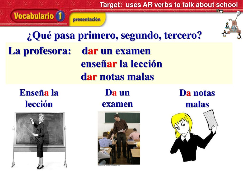 ¿Qué pasa primero, segundo, tercero La profesora: dar un examen