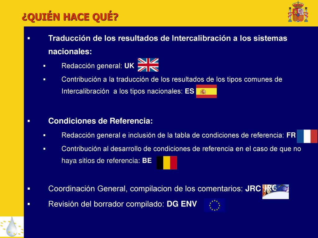 ¿QUIÉN HACE QUÉ Traducción de los resultados de Intercalibración a los sistemas nacionales: Redacción general: UK.
