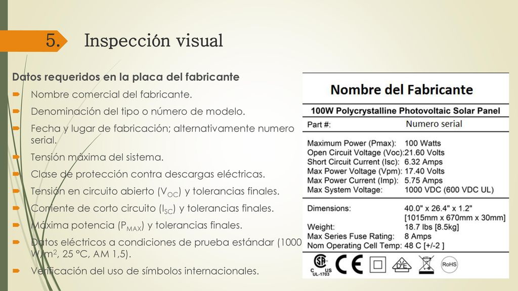 5. Inspección visual Datos requeridos en la placa del fabricante