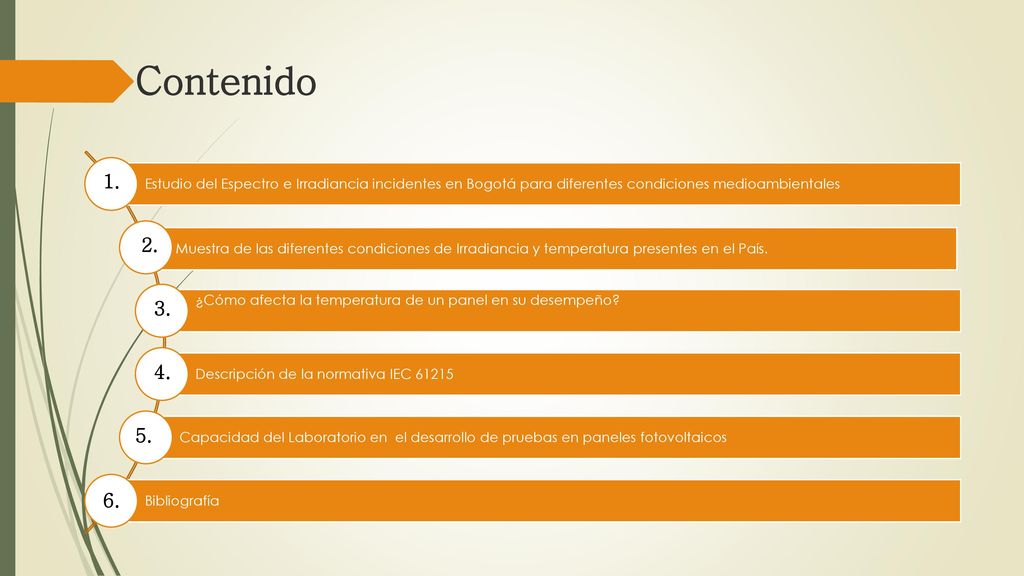 Contenido Estudio del Espectro e Irradiancia incidentes en Bogotá para diferentes condiciones medioambientales.