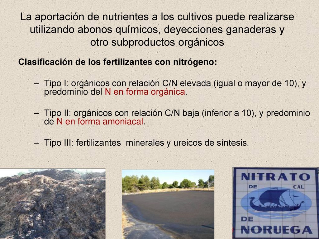 La aportación de nutrientes a los cultivos puede realizarse utilizando abonos químicos, deyecciones ganaderas y otro subproductos orgánicos