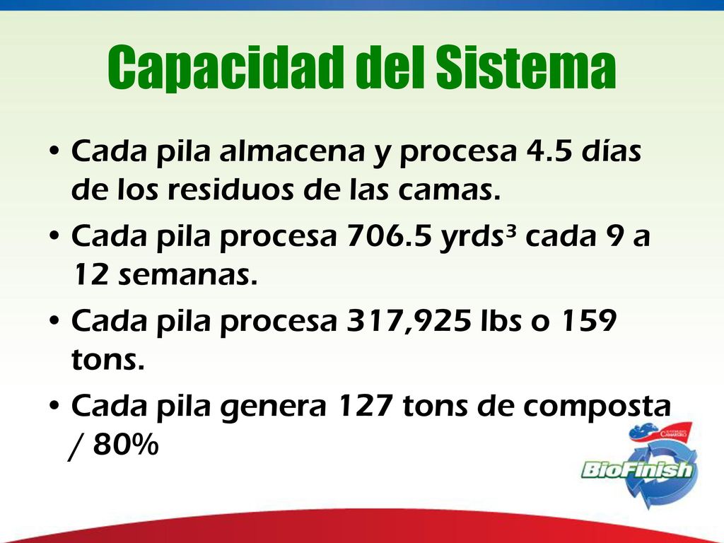 Capacidad del Sistema Cada pila almacena y procesa 4.5 días de los residuos de las camas. Cada pila procesa yrds³ cada 9 a 12 semanas.