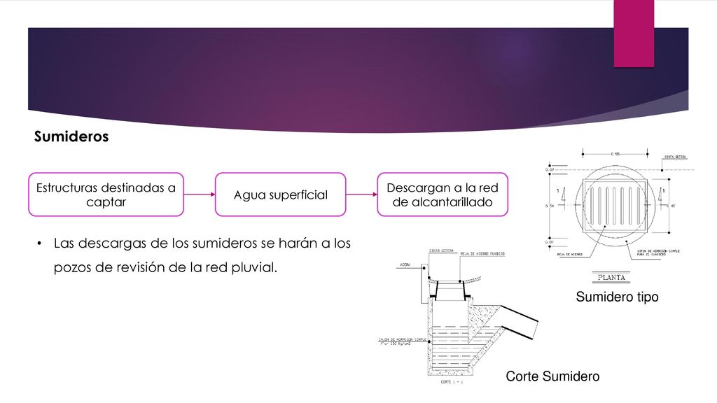 Sumideros Estructuras destinadas a captar. Agua superficial. Descargan a la red de alcantarillado.