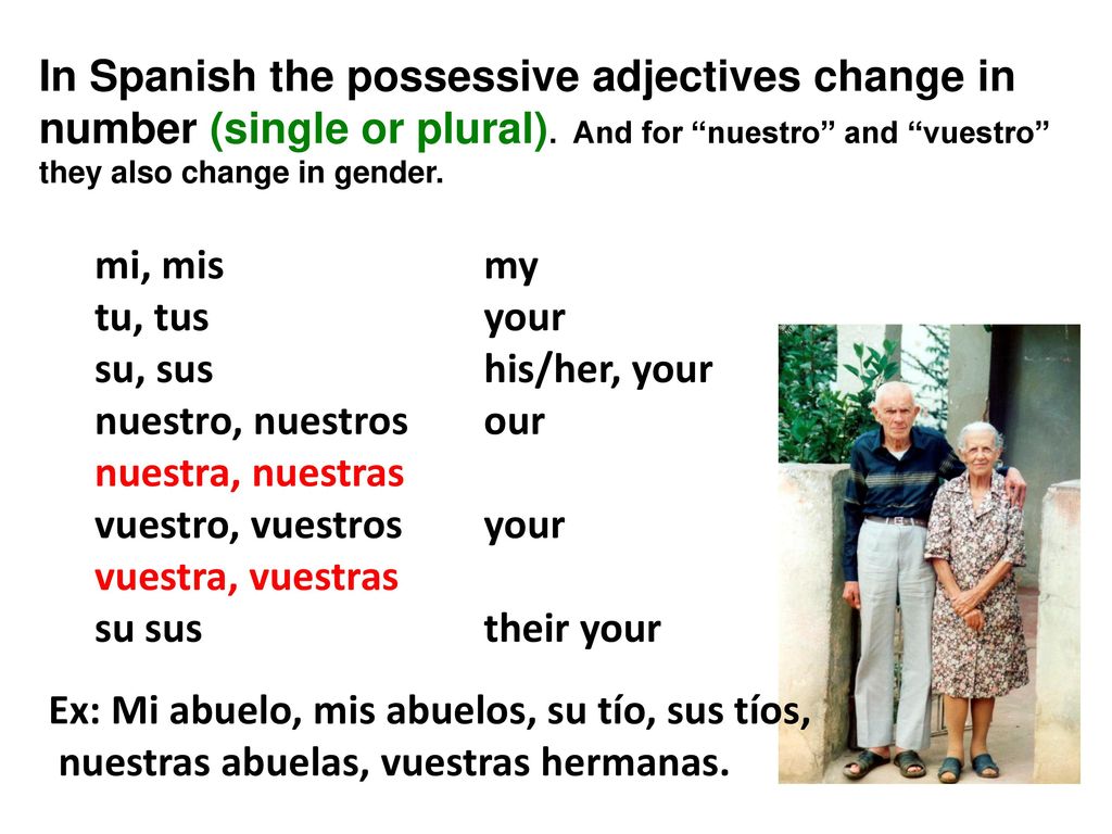 In Spanish the possessive adjectives change in number (single or plural). And for nuestro and vuestro they also change in gender.