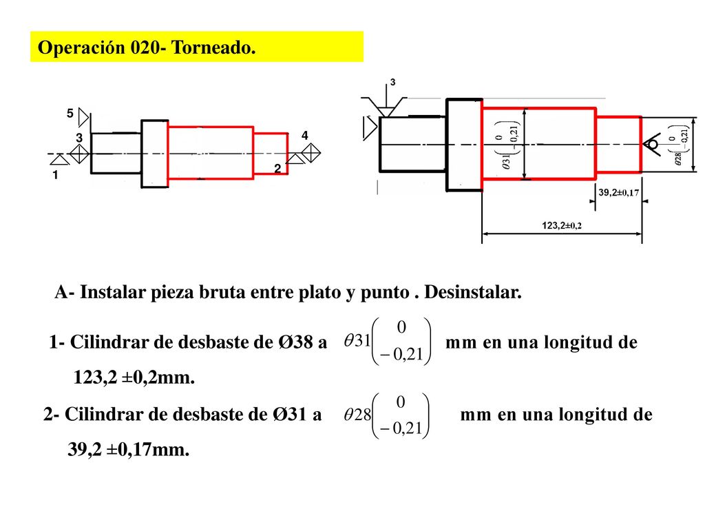 Operación 020- Torneado. A- Instalar pieza bruta entre plato y punto . Desinstalar.