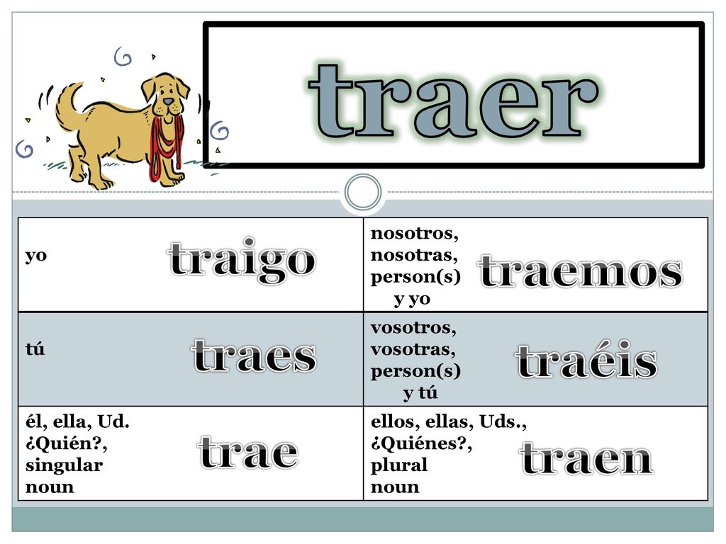 traer to bring traigo traemos traes traéis trae traen yo nosotros,
