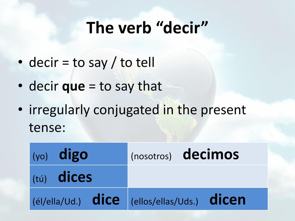 The verb decir decir = to say / to tell decir que = to say that