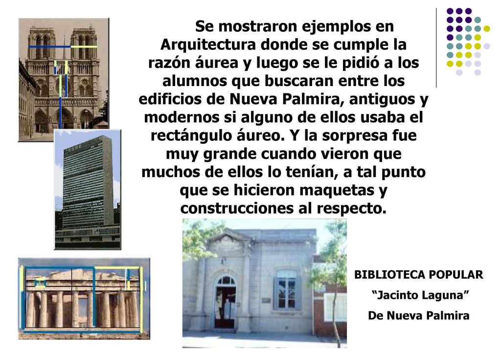 Se mostraron ejemplos en Arquitectura donde se cumple la razón áurea y luego se le pidió a los alumnos que buscaran entre los edificios de Nueva Palmira, antiguos y modernos si alguno de ellos usaba el rectángulo áureo. Y la sorpresa fue muy grande cuando vieron que muchos de ellos lo tenían, a tal punto que se hicieron maquetas y construcciones al respecto.