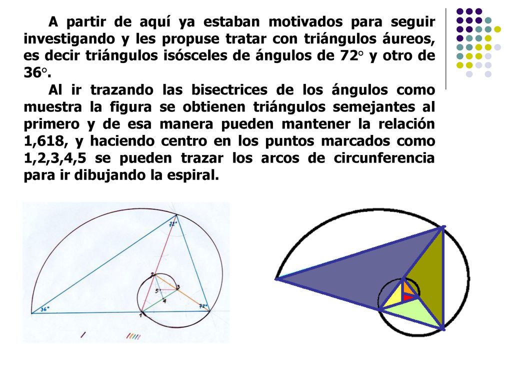 A partir de aquí ya estaban motivados para seguir investigando y les propuse tratar con triángulos áureos, es decir triángulos isósceles de ángulos de 72° y otro de 36°.