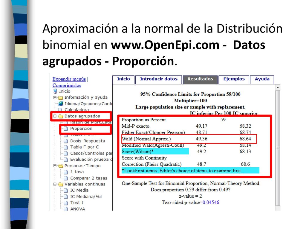 Aproximación a la normal de la Distribución binomial en www. OpenEpi