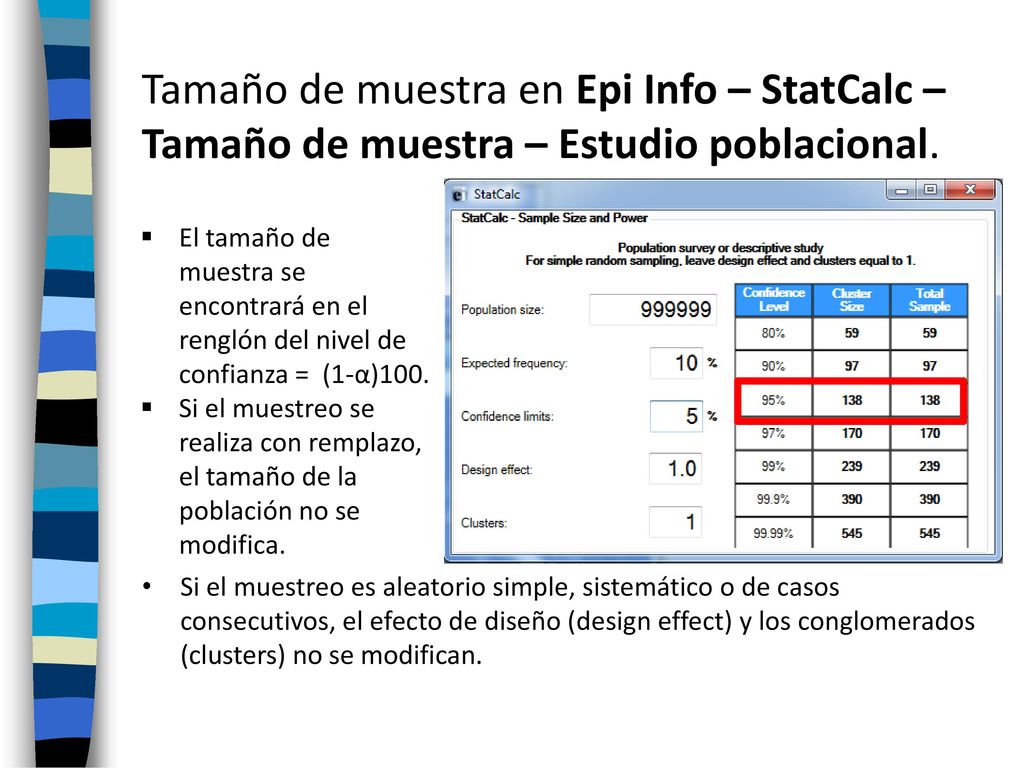 Tamaño de muestra en Epi Info – StatCalc – Tamaño de muestra – Estudio poblacional.