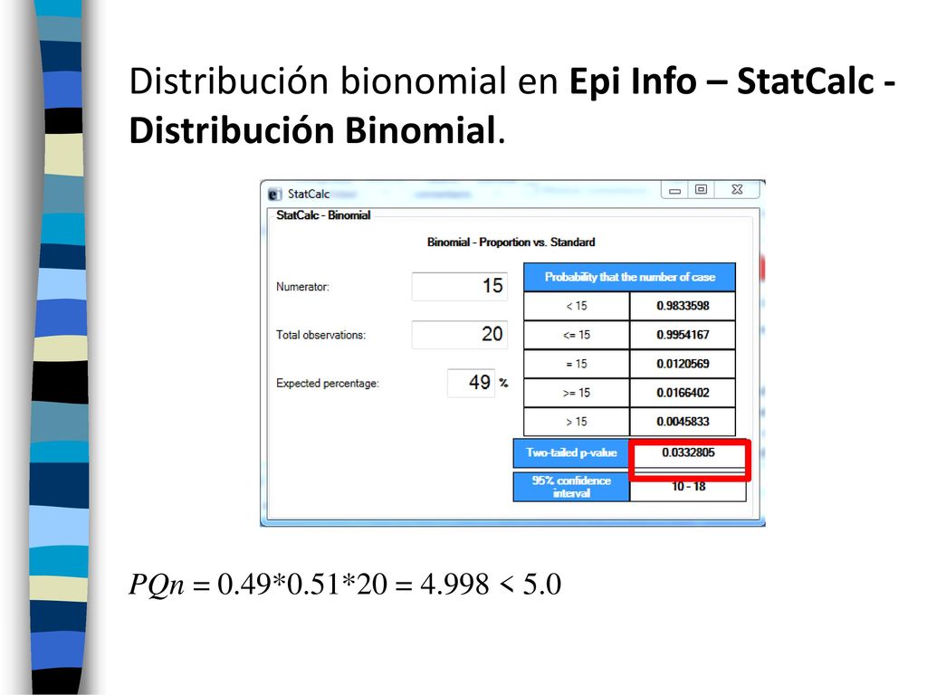 Distribución bionomial en Epi Info – StatCalc - Distribución Binomial.