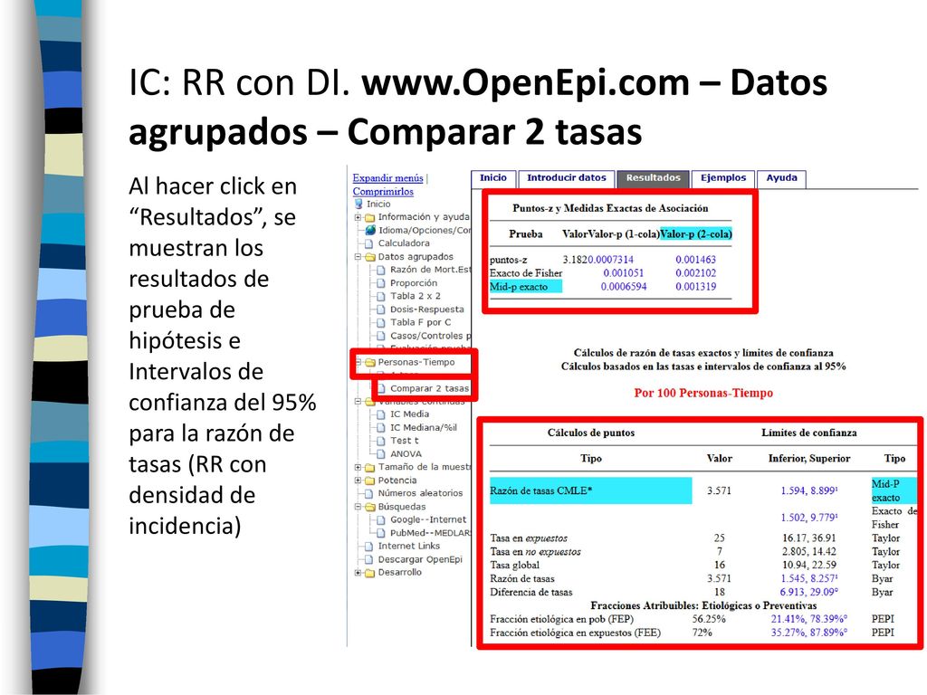 IC: RR con DI.   – Datos agrupados – Comparar 2 tasas