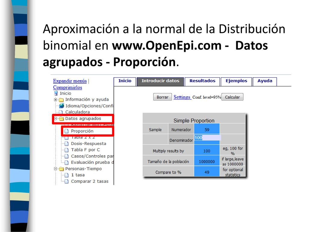 Aproximación a la normal de la Distribución binomial en www. OpenEpi
