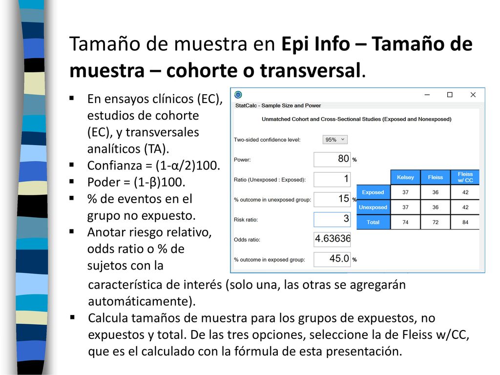 Tamaño de muestra en Epi Info – Tamaño de muestra – cohorte o transversal.