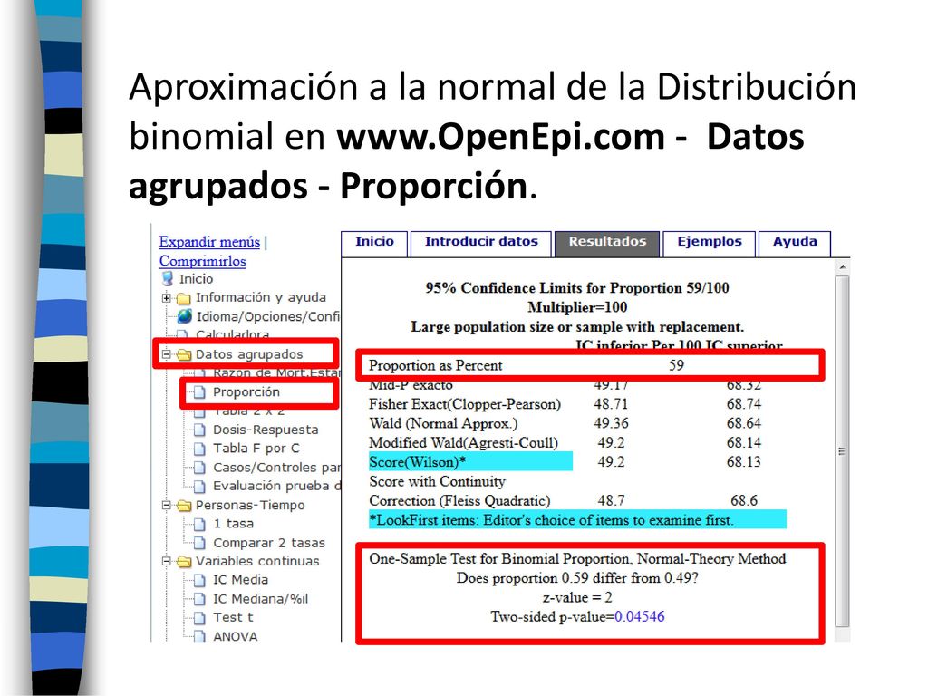 Aproximación a la normal de la Distribución binomial en www. OpenEpi