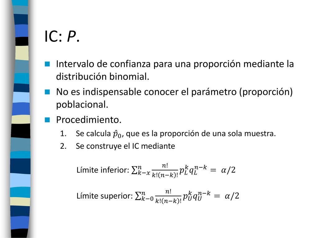 IC: P. Intervalo de confianza para una proporción mediante la distribución binomial.