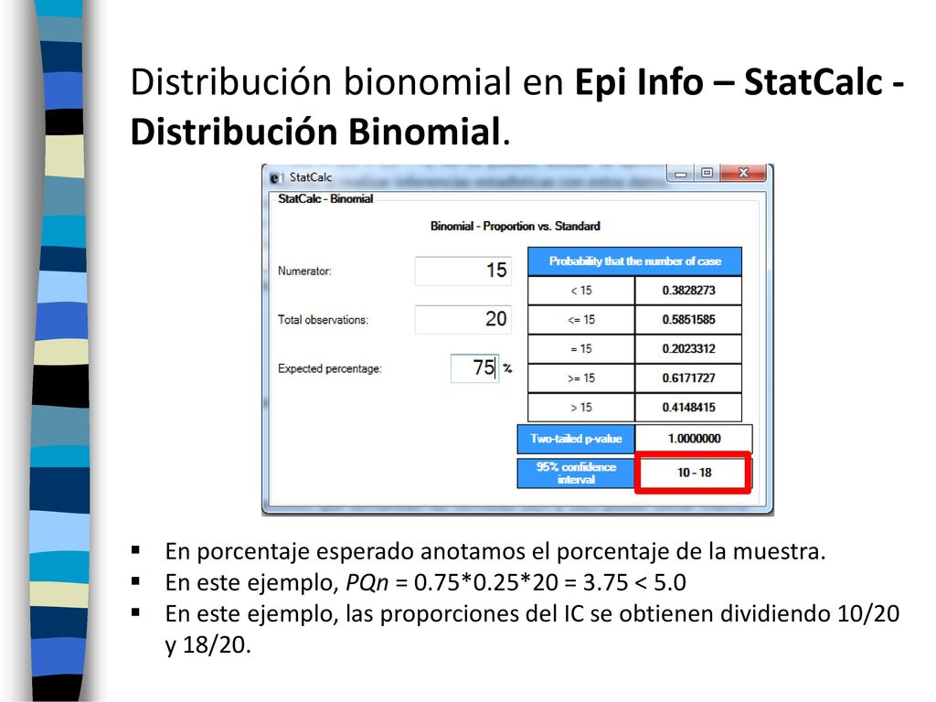 Distribución bionomial en Epi Info – StatCalc - Distribución Binomial.