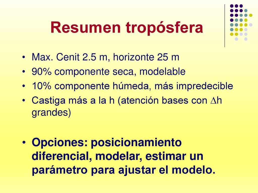 Resumen tropósfera Max. Cenit 2.5 m, horizonte 25 m. 90% componente seca, modelable. 10% componente húmeda, más impredecible.