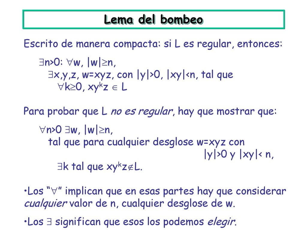 Lema del bombeo Escrito de manera compacta: si L es regular, entonces: