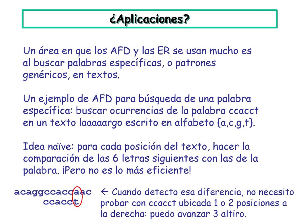 ¿Aplicaciones Un área en que los AFD y las ER se usan mucho es al buscar palabras específicas, o patrones genéricos, en textos.