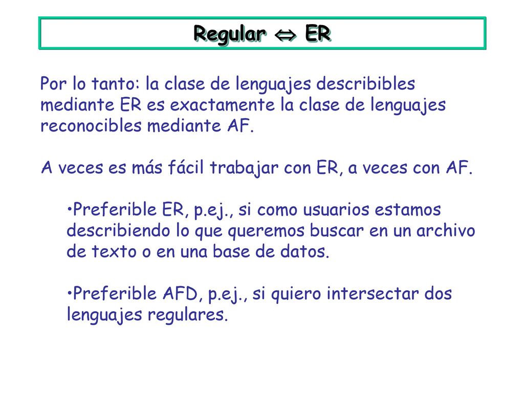 Regular  ER Por lo tanto: la clase de lenguajes describibles mediante ER es exactamente la clase de lenguajes reconocibles mediante AF.